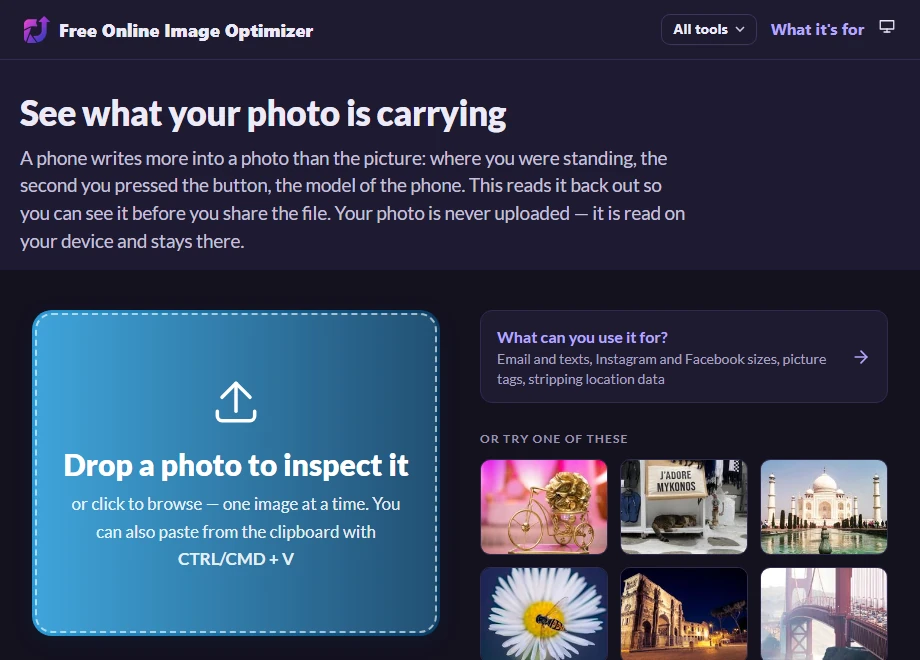 The inspect page before anything is chosen: a drop zone reading "Drop a photo to inspect it", with a note that the photo is read on your device and never uploaded.