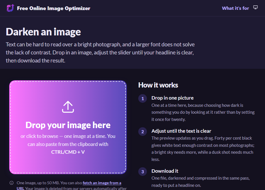The darken page before uploading, with a drop zone reading "Drop your image here".