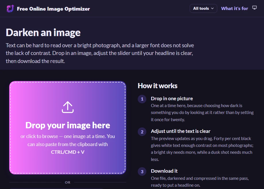 The darken page before uploading, with a drop zone reading "Drop your image here".