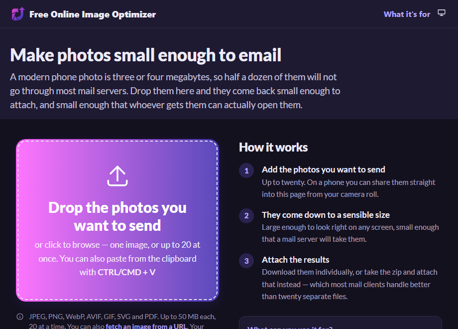 The email page before uploading, with a drop zone reading "Drop the photos you want to send" and a note that output is JPEG sized for an attachment with location data removed.