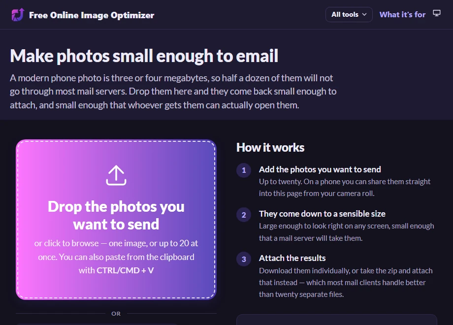 The email page before uploading, with a drop zone reading "Drop the photos you want to send" and a note that output is JPEG sized for an attachment with location data removed.