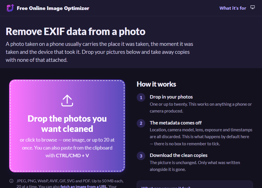 The metadata page before uploading: a drop zone reading "Drop the photos you want cleaned" and a summary saying camera, GPS and timestamp data will be removed.