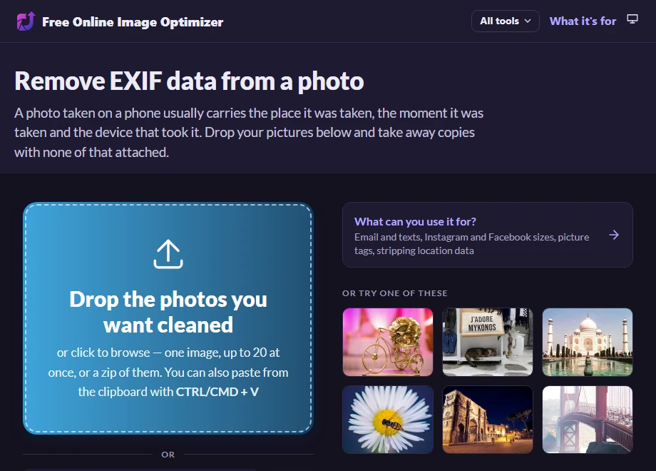 The metadata page before uploading: a drop zone reading "Drop the photos you want cleaned" and a summary saying camera, GPS and timestamp data will be removed.