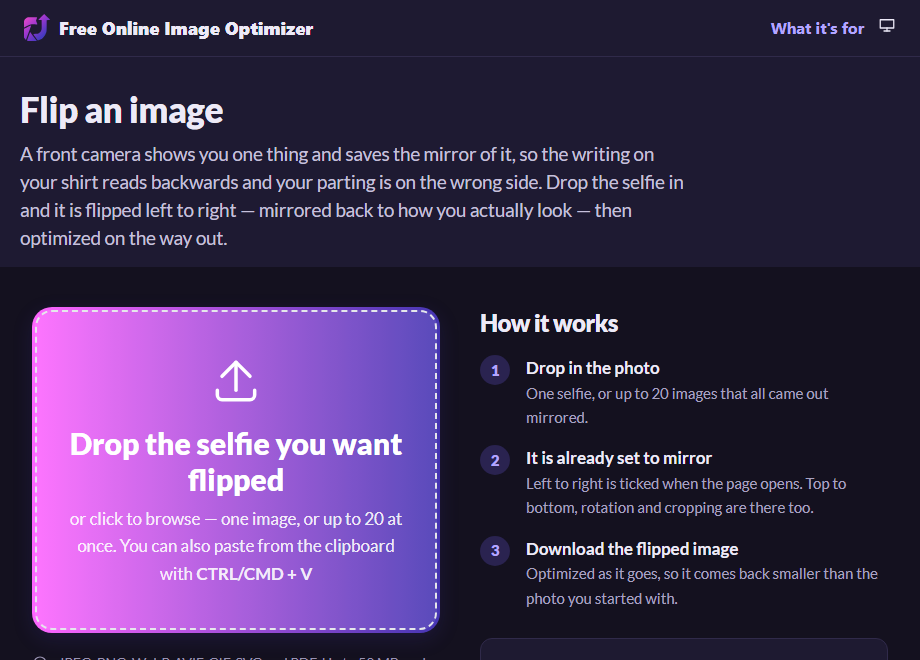 The flip page before uploading, with a drop zone reading "Drop the selfie you want flipped" and a note that it is set to mirror left to right.