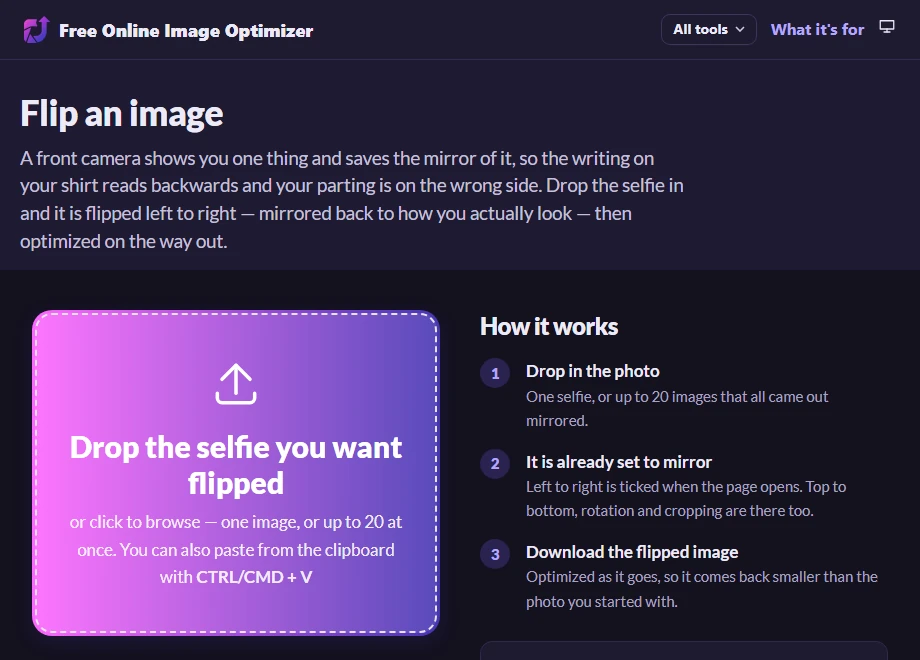 The flip page before uploading, with a drop zone reading "Drop the selfie you want flipped" and a note that it is set to mirror left to right.