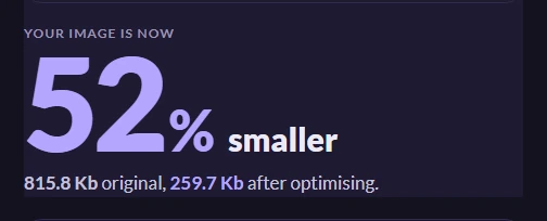 The result panel after the download, reading the percentage saved and the size the photograph came down to.