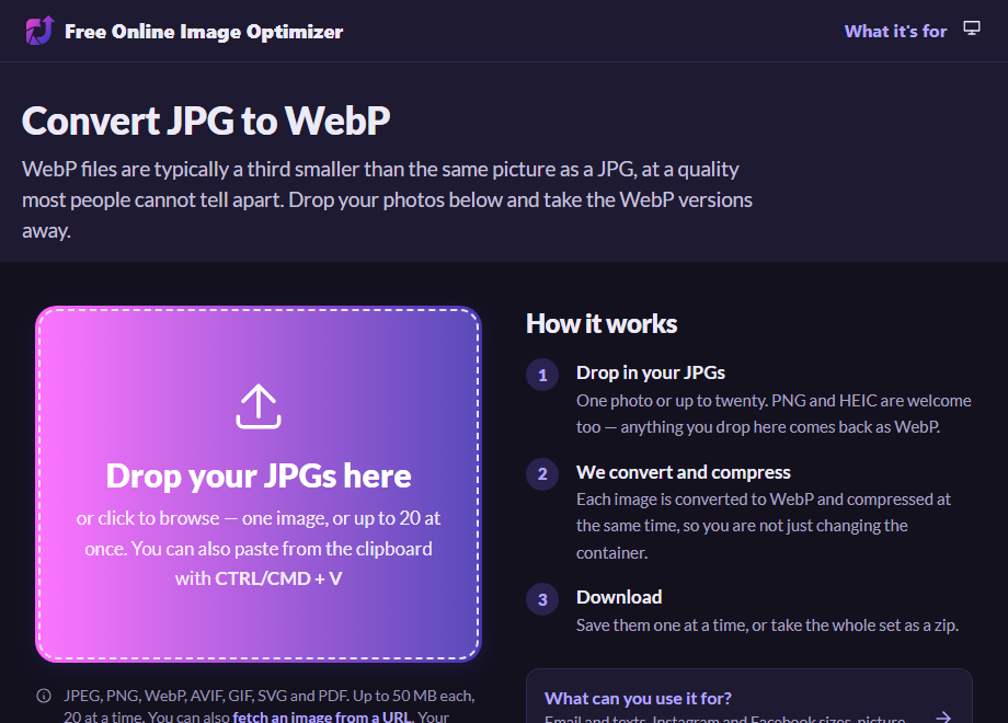 The JPG to WebP page before uploading: a drop zone reading "Drop your JPGs here" and a three-step summary of the conversion.