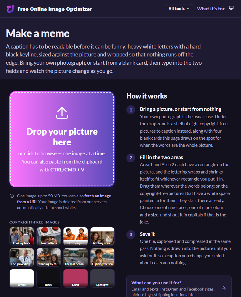 The captioning page before anything is chosen: a drop zone reading "Drop your picture here" with a row of four small coloured squares beneath it offering blank cards to start from.