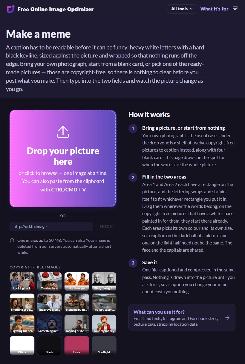 The captioning page before anything is chosen: a drop zone reading "Drop your picture here" with a row of four small coloured squares beneath it offering blank cards to start from.