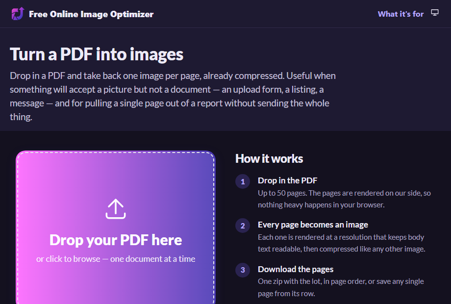 The PDF page before anything is uploaded: a drop zone reading "Drop in the PDF", and a three-step summary of what will happen.