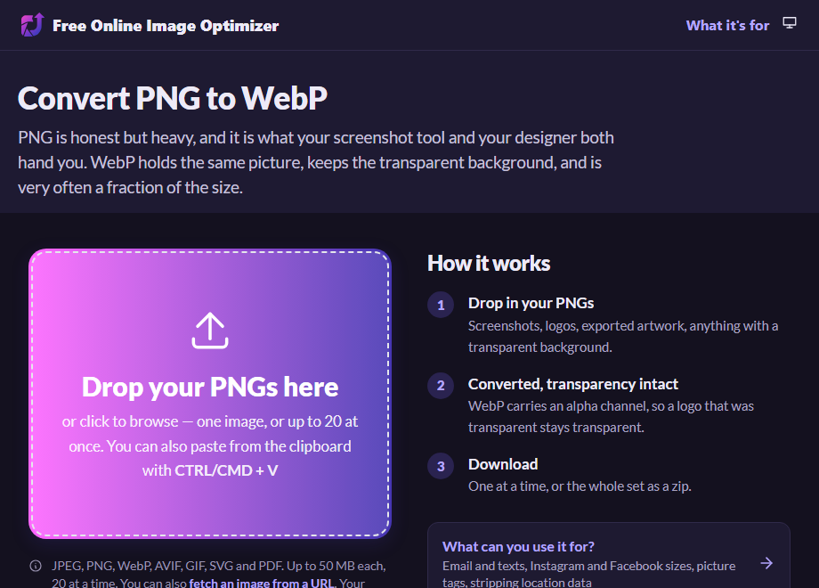 The PNG to WebP page before uploading, with a drop zone reading "Drop your PNGs here" and a note that transparency is kept.