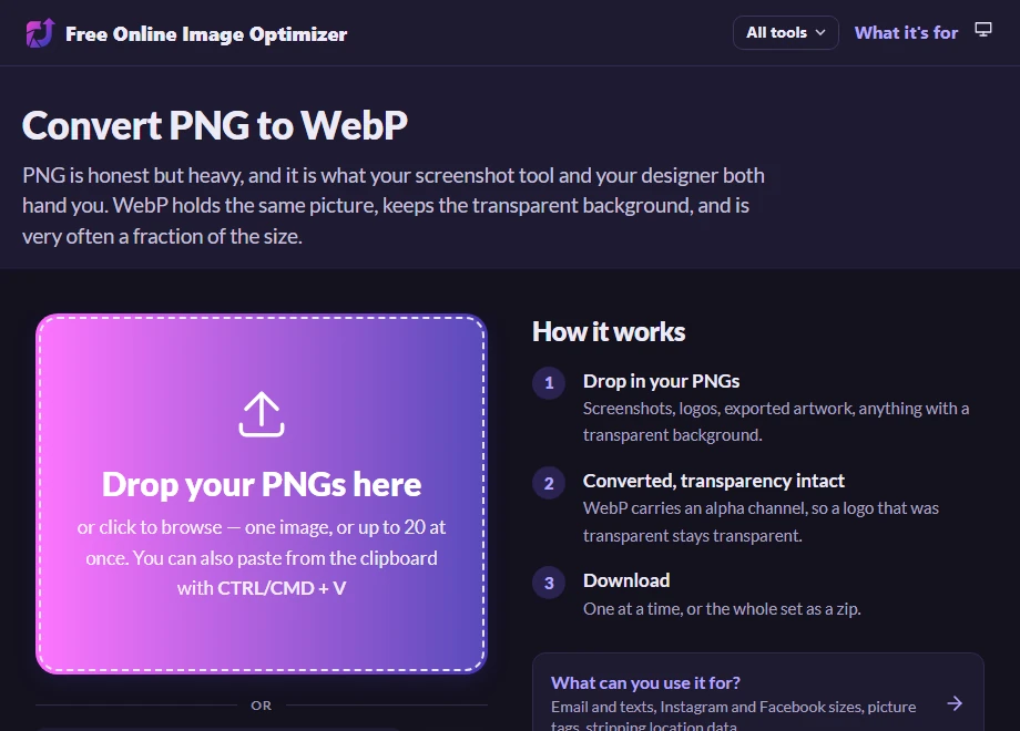 The PNG to WebP page before uploading, with a drop zone reading "Drop your PNGs here" and a note that transparency is kept.