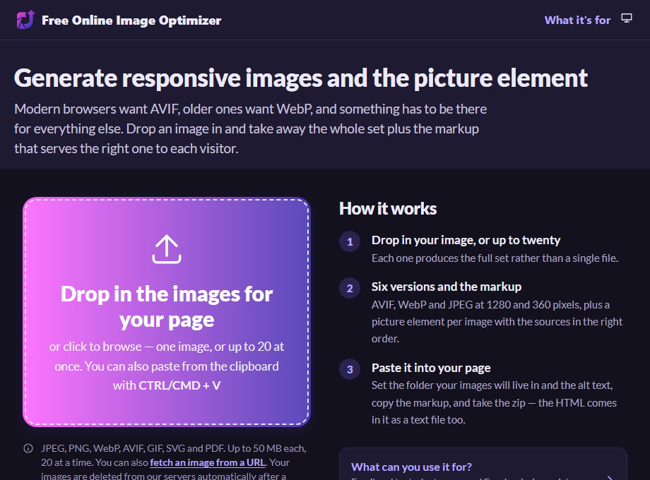 The responsive image page before uploading: the heading "Generate responsive images and the picture element", a drop zone, and a three-step summary explaining that six versions and a picture element will be produced.
