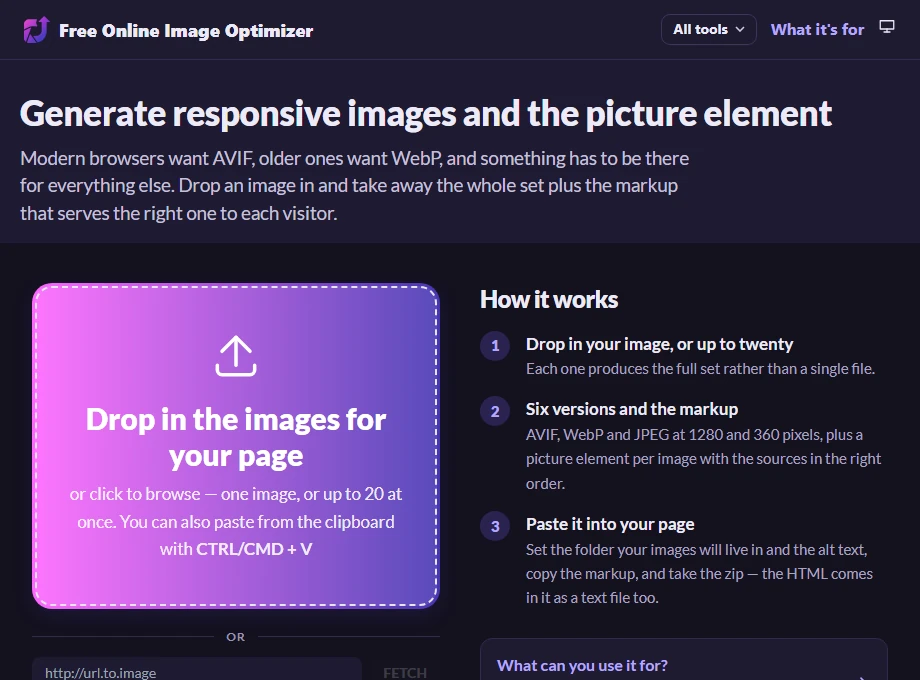 The responsive image page before uploading: the heading "Generate responsive images and the picture element", a drop zone, and a three-step summary explaining that six versions and a picture element will be produced.