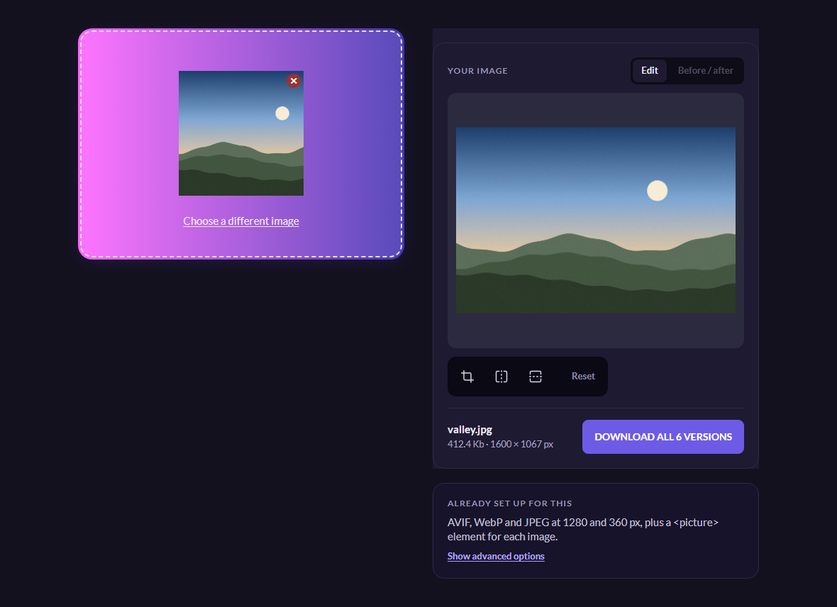 A landscape photograph loaded into the page. The stage shows it, the filename valley.jpg with 412.4 Kb and 1600 × 1067 px beneath, and a button reading "Download all 6 versions".