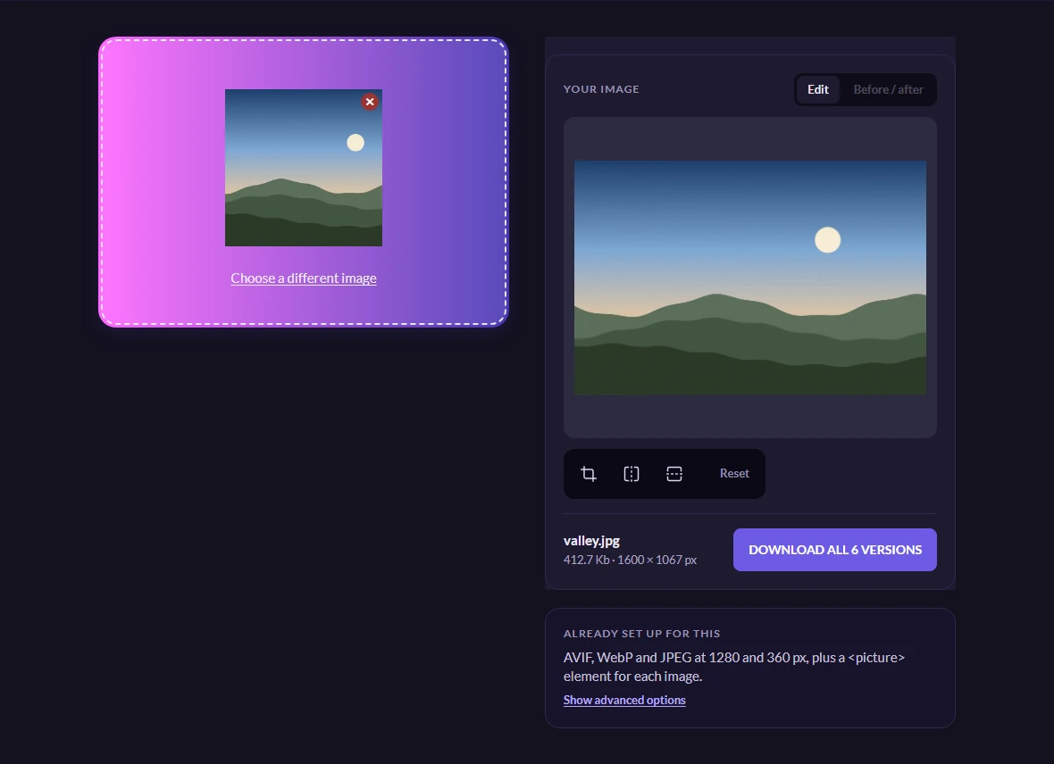 A landscape photograph loaded into the page. The stage shows it, the filename valley.jpg with 412.4 Kb and 1600 × 1067 px beneath, and a button reading "Download all 6 versions".
