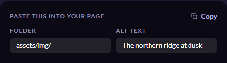 The two inputs above the generated markup: a Folder box containing assets/img/ and an Alt text box containing "The northern ridge at dusk", with a Copy link.