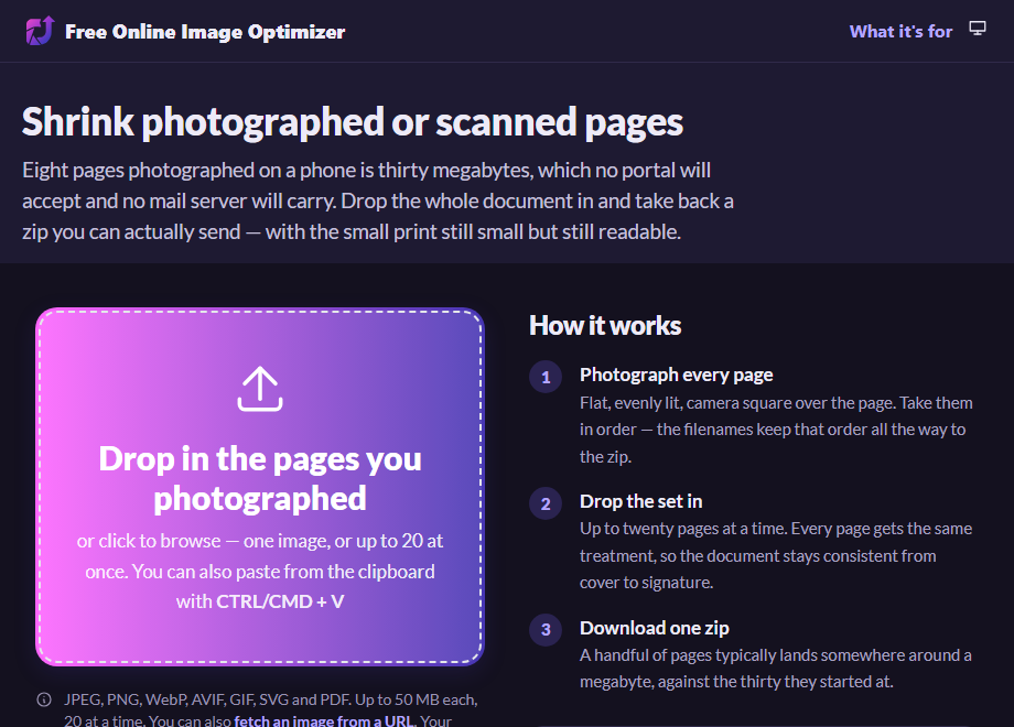 The paperwork page before uploading, with a drop zone reading "Drop in the pages you photographed" and a note that quality is held higher than usual so small print stays readable.