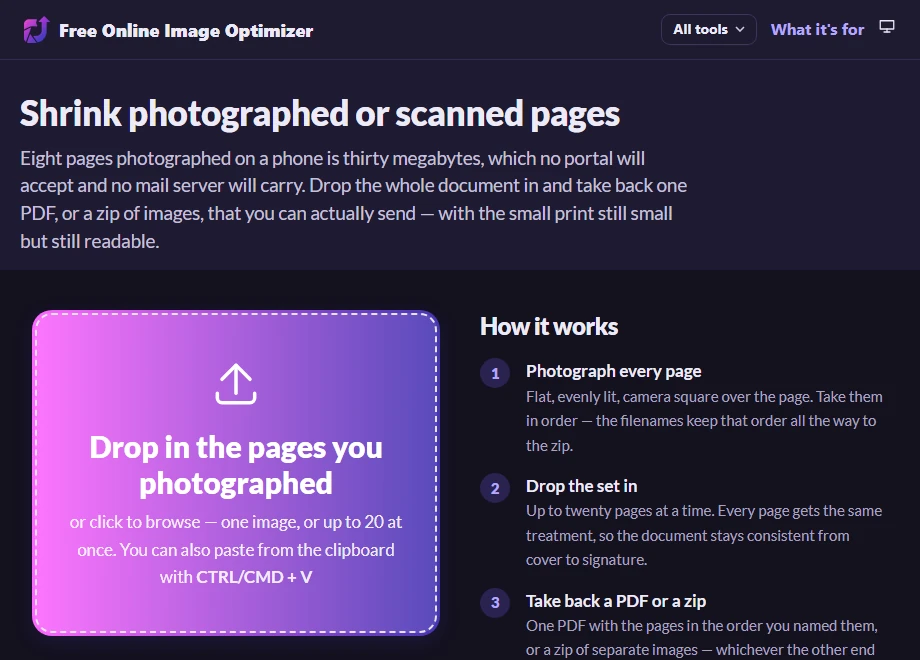 The paperwork page before uploading, with a drop zone reading "Drop in the pages you photographed" and a note that quality is held higher than usual so small print stays readable.