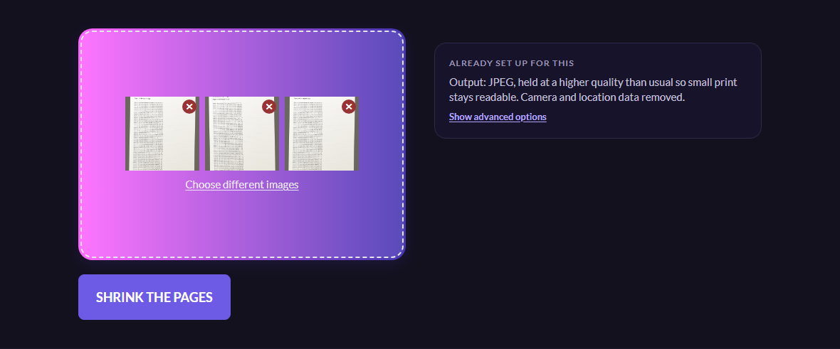 Three photographed pages of a printed agreement staged on the page as thumbnails, with a button reading "Shrink the pages".