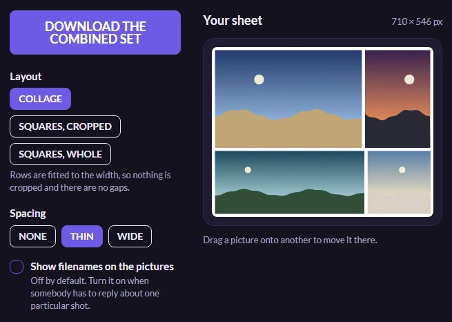 The finished picture on the page: four photographs in justified rows that fill the width with no gaps, with the layout and spacing controls in a column beside it and a download button above them.