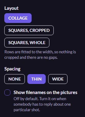 A close view of the controls: three layout buttons reading collage, squares cropped and squares whole, a row of spacing options, and an unticked switch for filenames.
