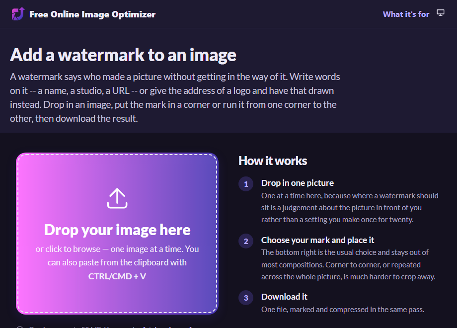 The watermark page before uploading, with a drop zone reading "Drop your image here".