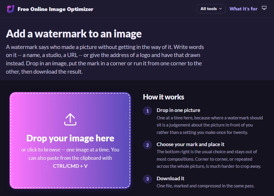 The watermark page before uploading, with a drop zone reading "Drop your image here".
