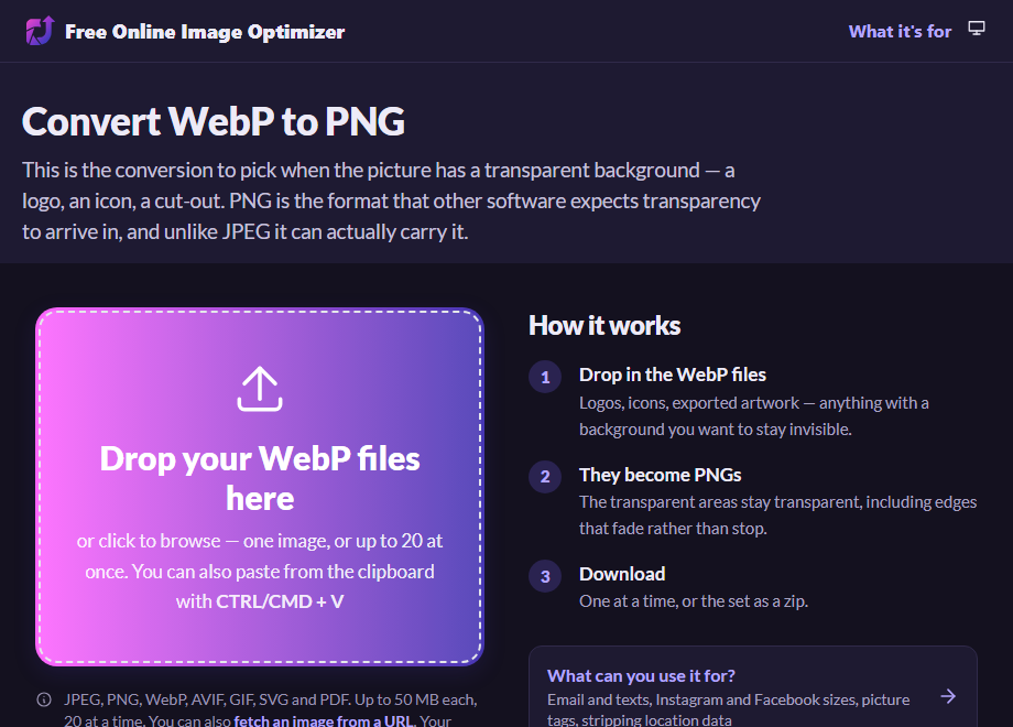 The WebP to PNG page before uploading, with a drop zone reading "Drop your WebP files here" and a note that transparency is kept.