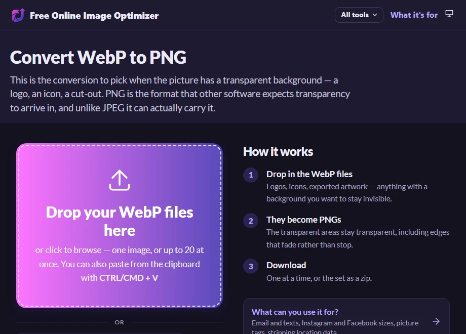 The WebP to PNG page before uploading, with a drop zone reading "Drop your WebP files here" and a note that transparency is kept.